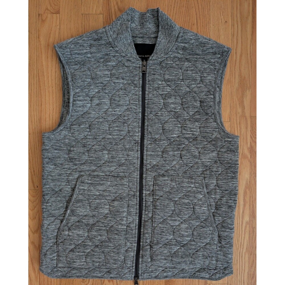 Banana Republic Quilted Vest Mens Medium Gray Full Zip Pockets Preppy Cotton